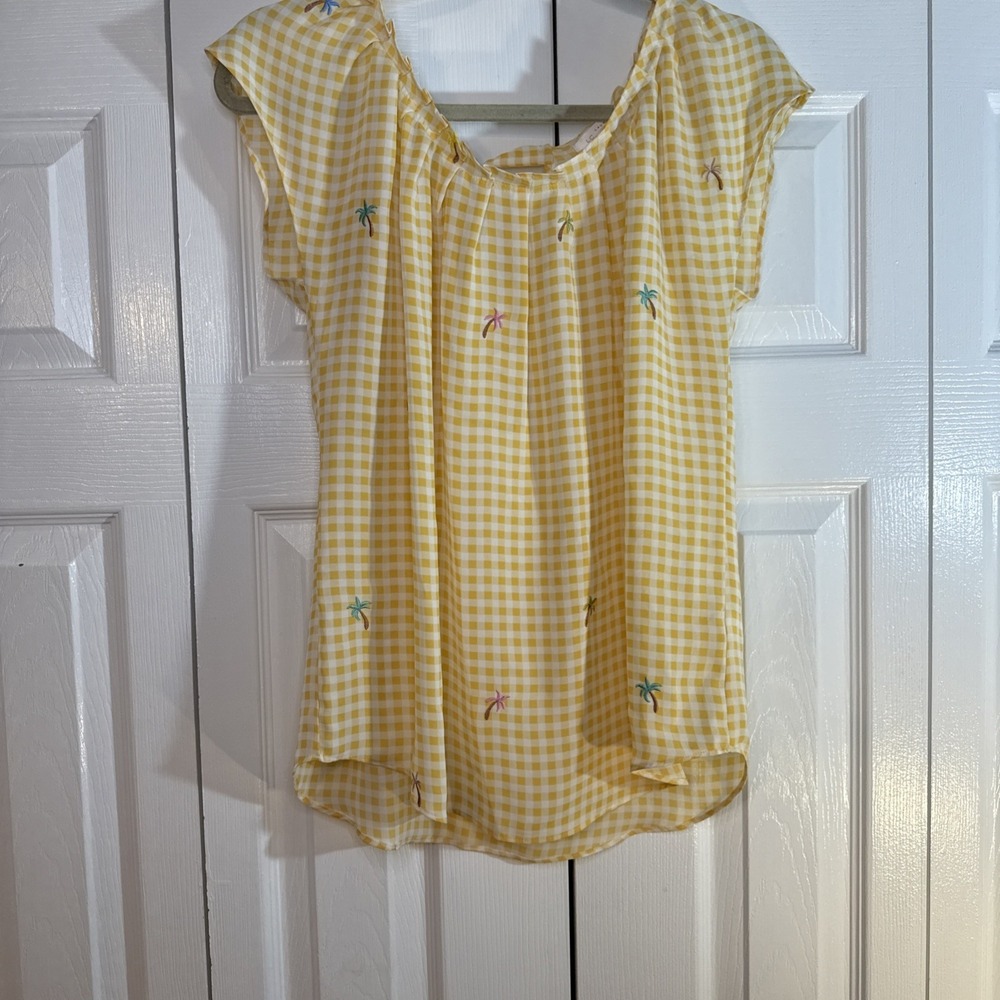 Lauren Conrad Sheer Yellow Plaid Palm Tree  Embroidered Blouse‎ Size Medium